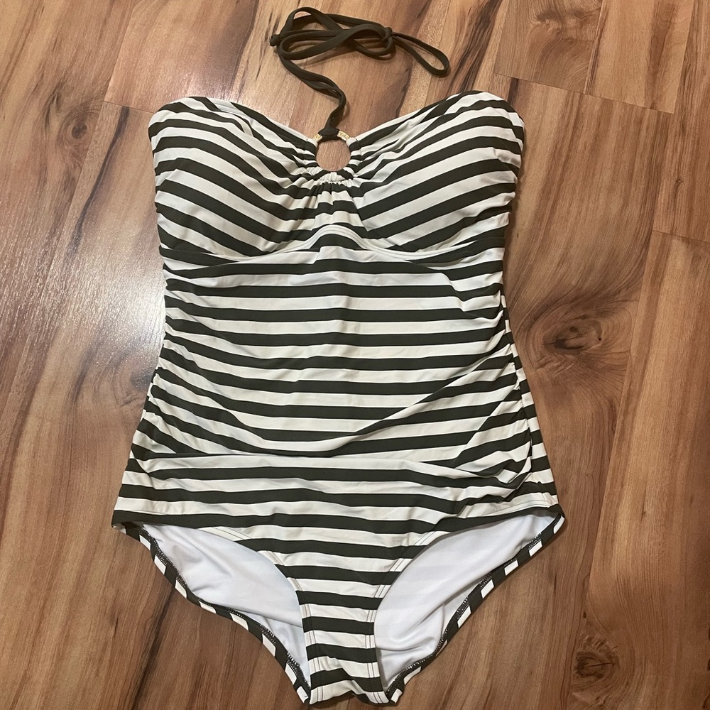 Michael Kors Logo-Ring Striped Halter One Piece Swimsuit Sz 14
